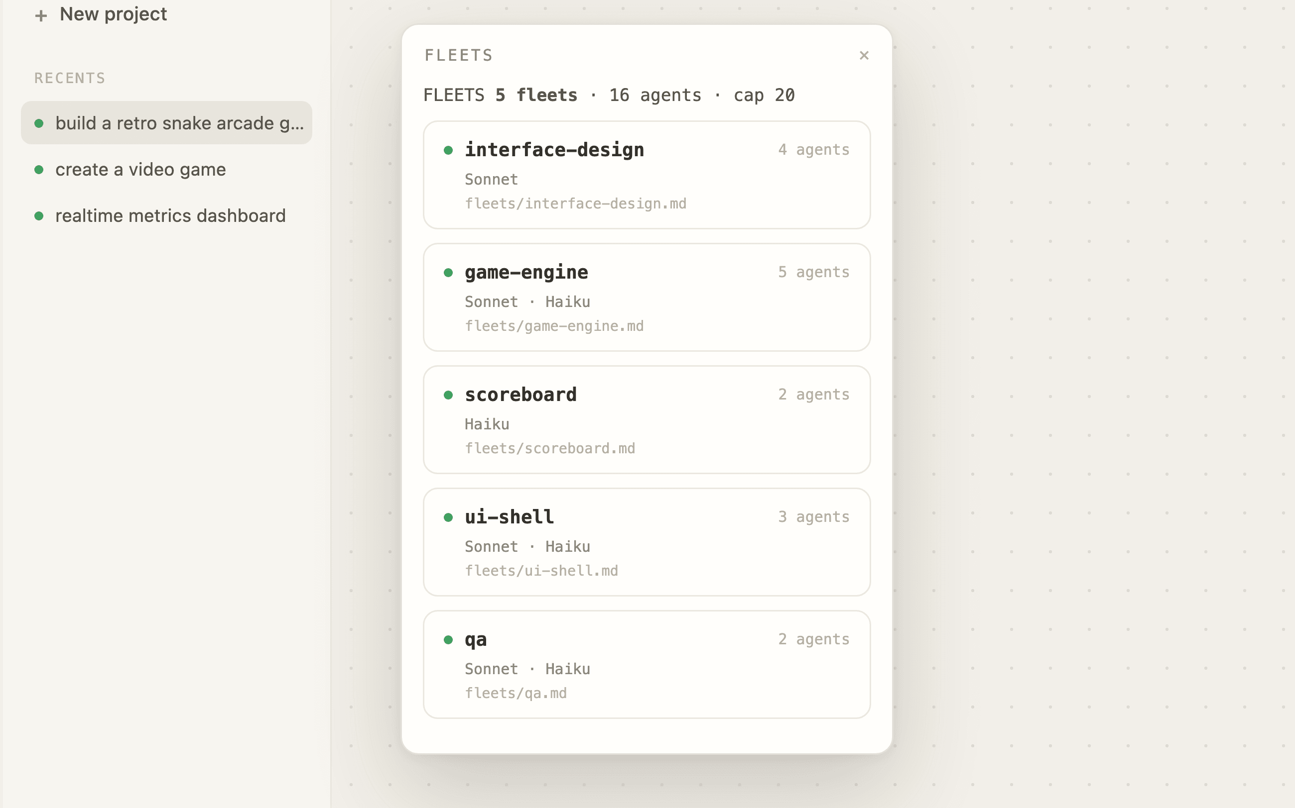 Optivia fleets panel showing five fleets and their agents